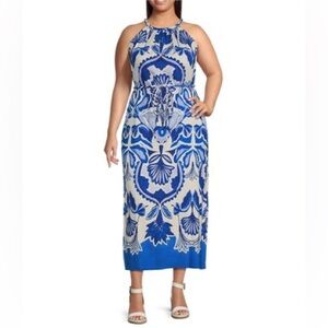 Vince Camuto Plus Sz 24W Printed Halter Neck Sleeveless Belted Maxi A-Line Dress